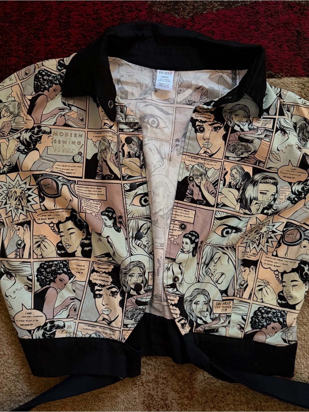Hemet Comic Book Pop Art Rockabilly Cropped Tie Front Shirt L